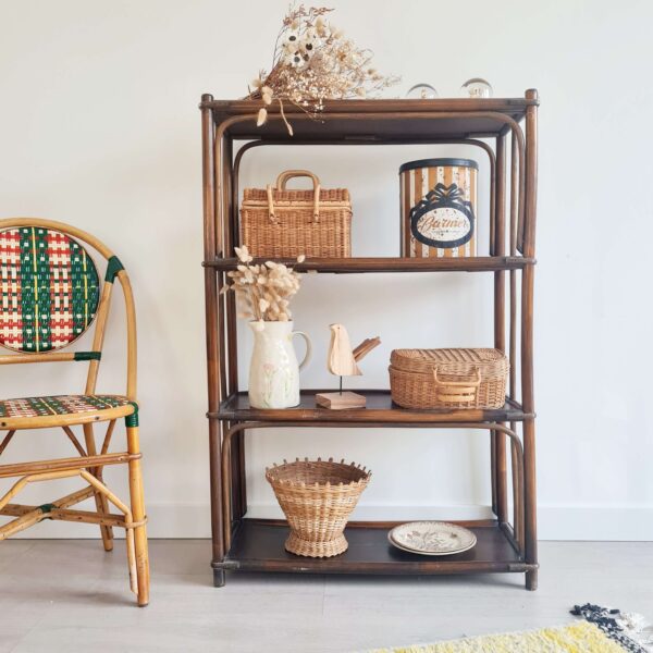 Etagère en bois et rotin